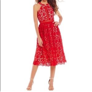 NWT MSRP 139 Red Lace Overlay sleeveless midi dress by Gianni Bin Size S
 Halter